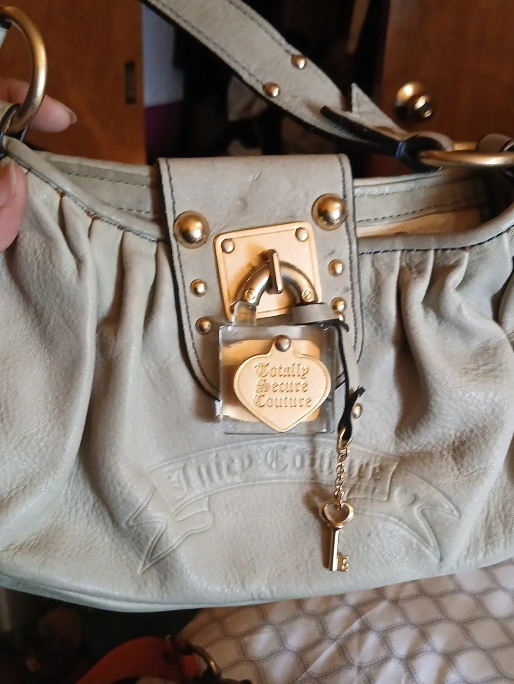 Juicy Couture Light Gray Leather Shoulder Bag with Gold Hardware